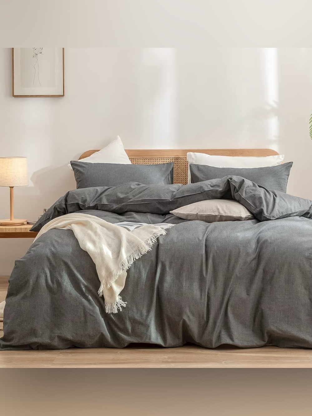 Duvet Cover Set 100% Washed Cotton Linen Lightweight 3pcs Dark Gray Super Queen